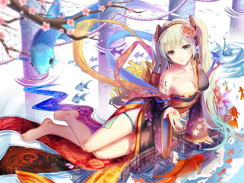 illustration, Hatsune Miku, Japanese Clothes, Vocaloid, doll, White Hair, representation, multi colored, Tattoo, Fish, human representation, character