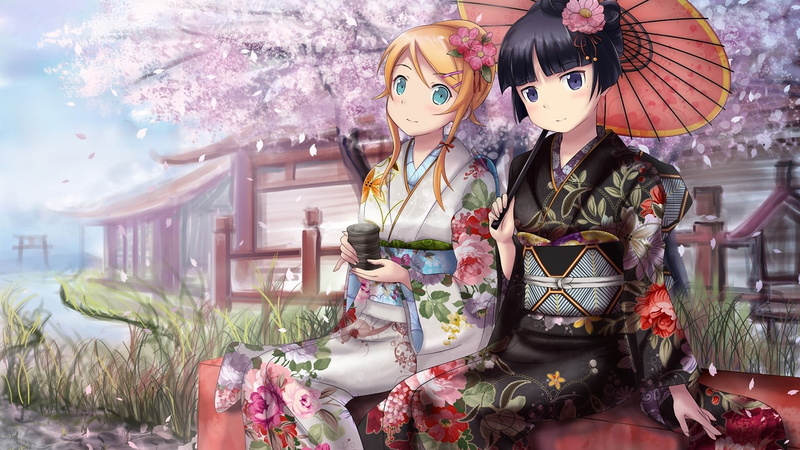 built structure, outdoors, Japanese clothes, flower, kimono, day, real people, cherry blossom, spirituality, blonde, parasol, statue, architecture, anime girls