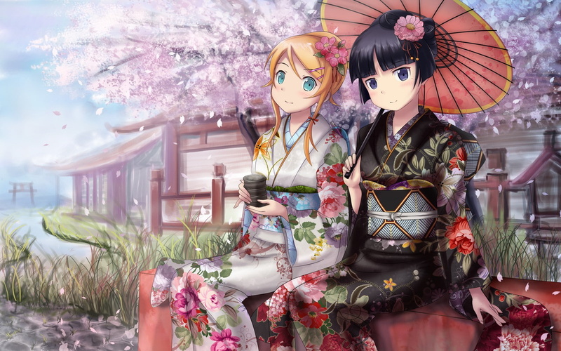 day, kimono, flowers, built structure, Kousaka Kirino, festival, blue eyes, sculpture, tree, cherry blossom, Gokou Ruri, Asian architecture, short hair