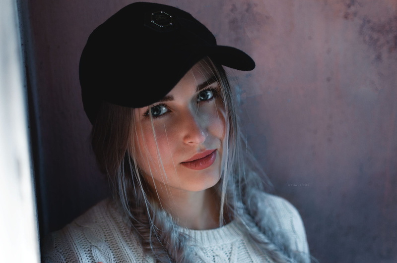 1080P, women, blue eyes, red lipstick, looking at viewer, baseball cap, Rina Lenz, platinum blonde, model, portrait, braids