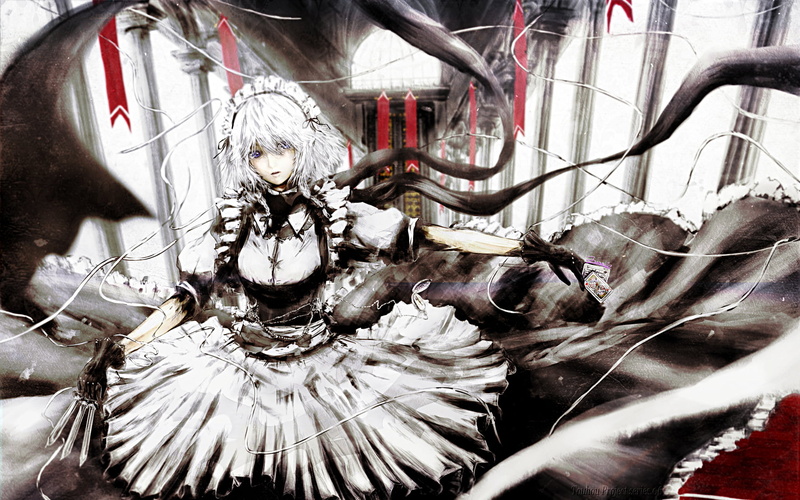 anime, female, illustration, white, anime girls, Touhou, Izayoi Sakuya, 720P, haired