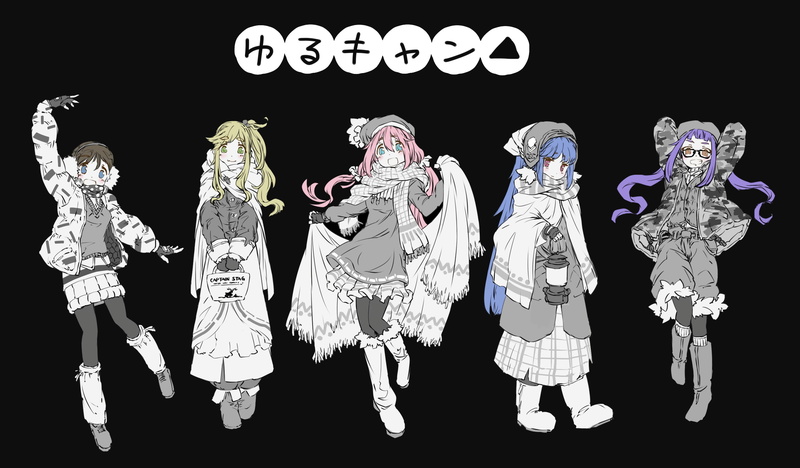 Yuru Camp, black background, anime, Aoi Inuyama, Rin Shima, Nadeshiko Kagamihara, selective coloring, 2K, Chiaki Oogaki