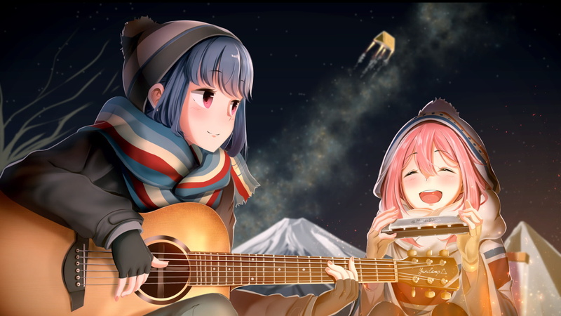 people, Nadeshiko Kagamihara, music, musical instrument, Laid-Back Camp, women, spirituality, 1080P, togetherness, event, illuminated, Anime, digital composite