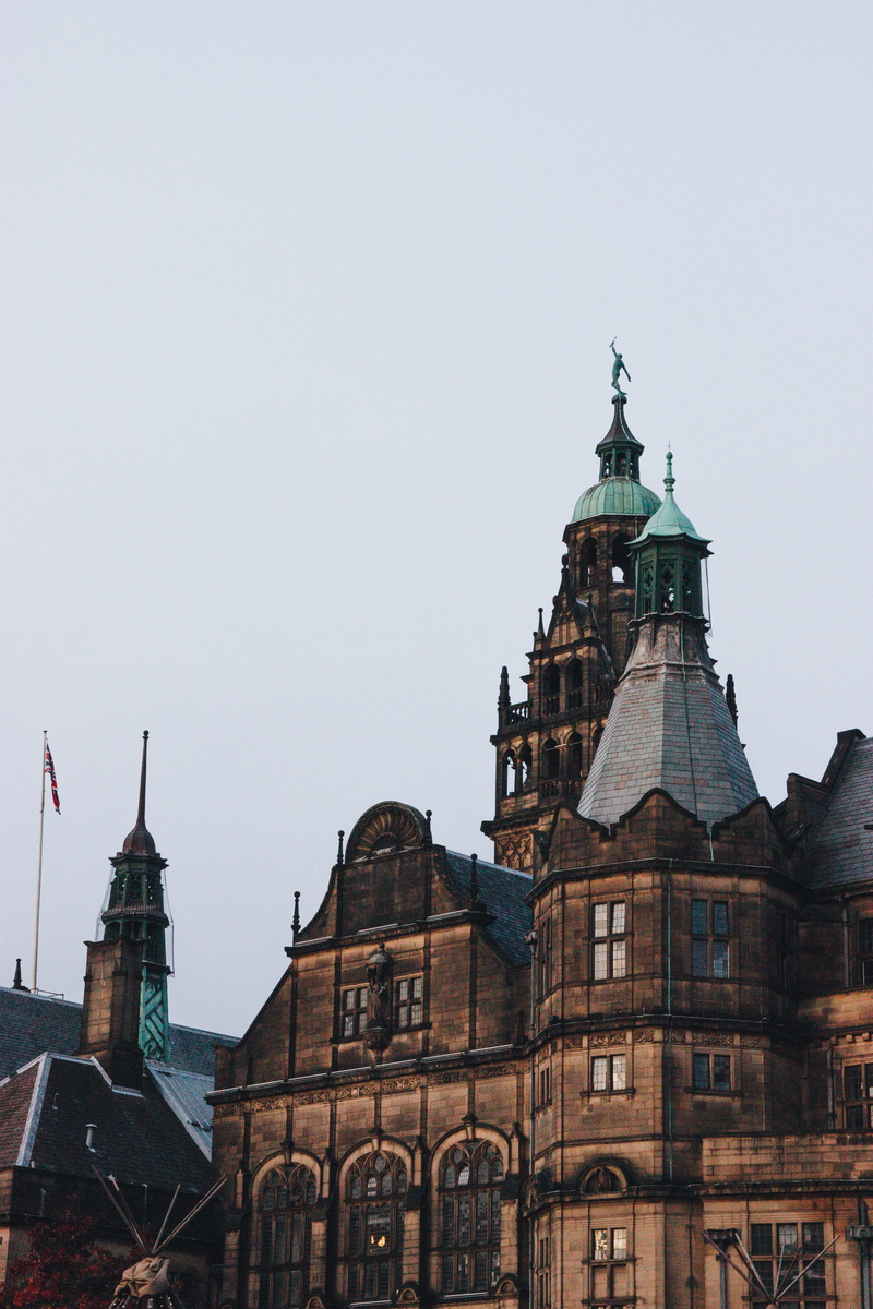 copy space, hall, sheffield, union, kingdom, vintage, united, low angle view, belief, outdoors, spire, built structure, the past, jack, building, united kingdom