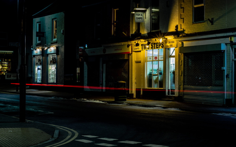 lighting equipment, road, architecture, built structure, building, chip shop, dark, outdoors, motion, direction, 4K, sign, united kingdom, sheffield, illuminated