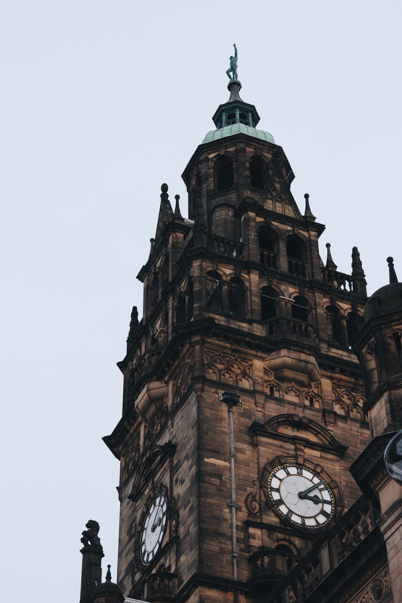 clock, uk, the past, united, time, street, kingdom, day, sheffield, gb, clear sky, nature, history, low angle view, copy space, old, building, town, city