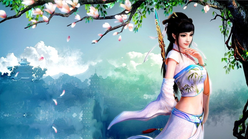 Girl, Fantasy, outdoors, looking at camera, fashion, nature, plant, Asian, 1080P, Magnolia, Woman Warrior, Sword, lifestyles, tree, young women, adult
