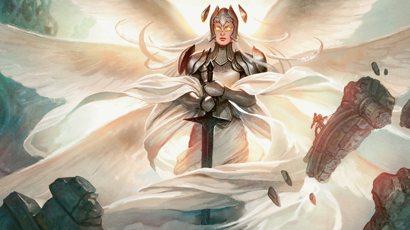 indoors, creativity, statue, sculpture, Magic The Gathering, religion, holding, belief, male likeness, craft, wings, 1080P, painted image, sword