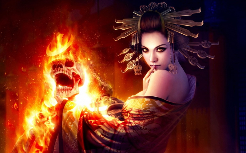 hd, fire, fantasy, character, magic, holding, skull, 2K, burning, female, warrior, skeleton