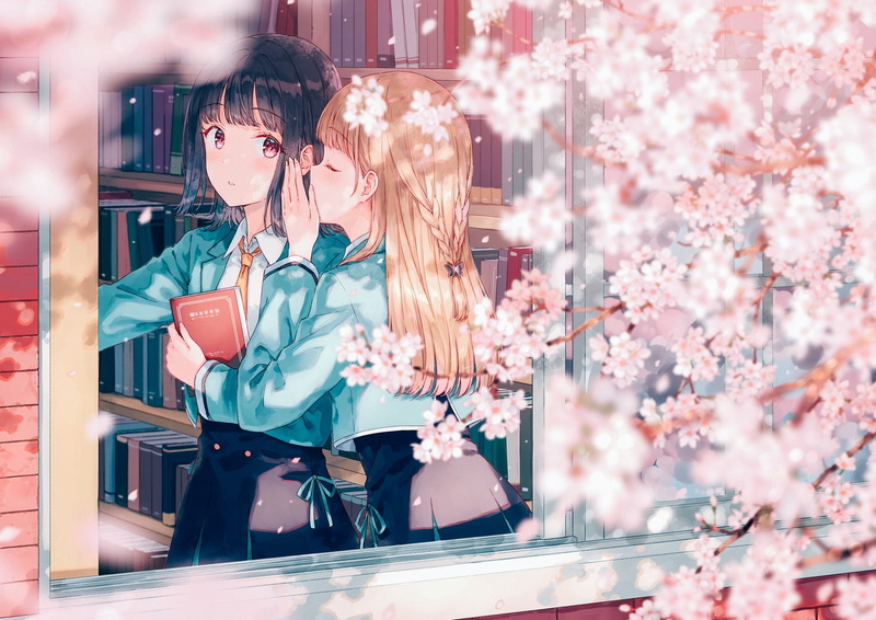 yuri, Hiten, library, 720P, anime girls, school uniform, books, cherry blossom, window