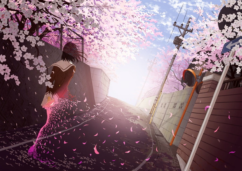 one person, building exterior, pink color, anime girls, adult, real people, leisure activity, nature, tree, 480P, flower, clothing, women, school uniform