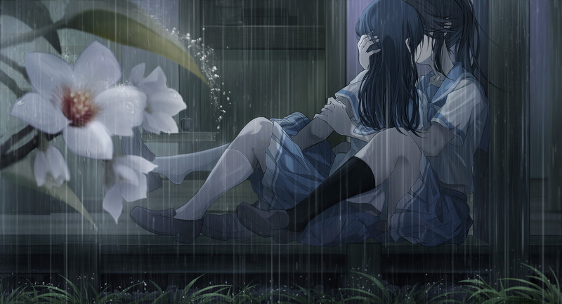 Liz to Aoi Tori, lesbians, flowers, 2K, school uniform, Kasaki Nozomi, yuri, rain, anime girls, Yoroizuka Mizore (Hibike! Euphonium), anime, Hibike! Euphonium