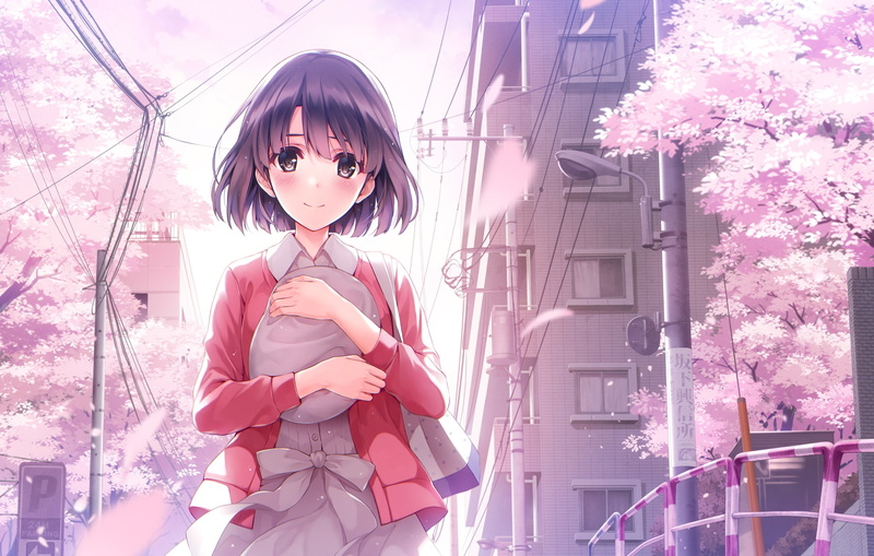 pink color, innocence, real people, day, portrait, nature, childhood, Anime, tree, katou megumi, three quarter length, flowering plant, outdoors, building exterior