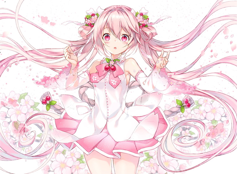 looking at camera, hair, one person, pink color, front view, 1080P, hairstyle, lifestyles, beautiful woman, beauty, flower, Vocaloid, Sakura Miku, flowering plant