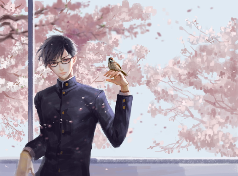 sakura blossom, flowering plant, flower, digital composite, holding, glasses, adult, men, male school uniform, Anime, sakamoto desu ga, eyeglasses, young adult
