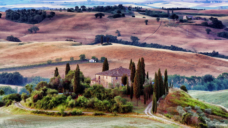 cypresses, italy, valdorcia, countryside, tuscany, podere belvedere, cypress, val dorcia, autumn, hills, hill, scenery, 1080P, house, villa podere belvedere