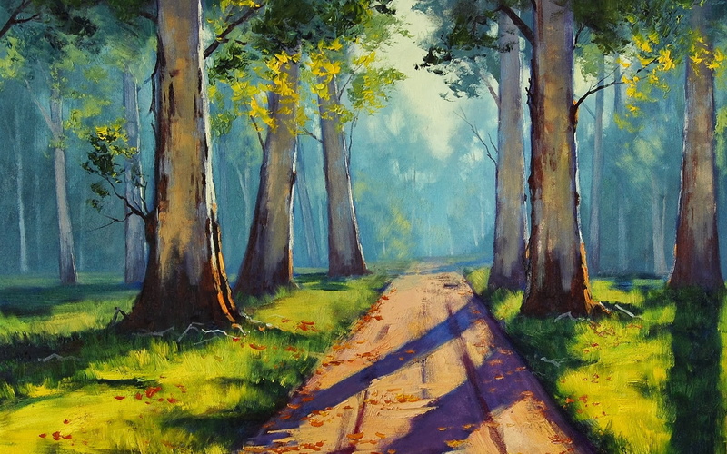 Graham Gercken, trees, 1080P, forest, path, sunlight, painting