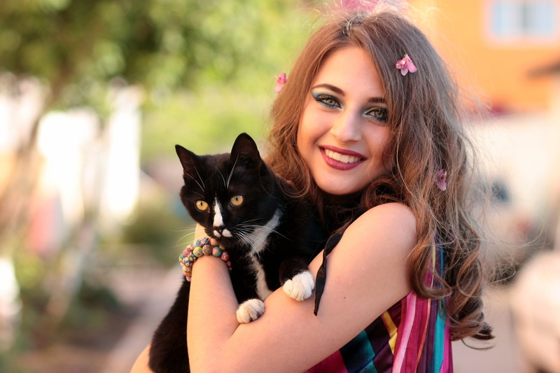 domestic Cat, focus, animal, nature, smiling, caucasian Ethnicity, carrying, young Adult, tuxedo cat, love, mammal, beauty, females, pets, cat, black, summer