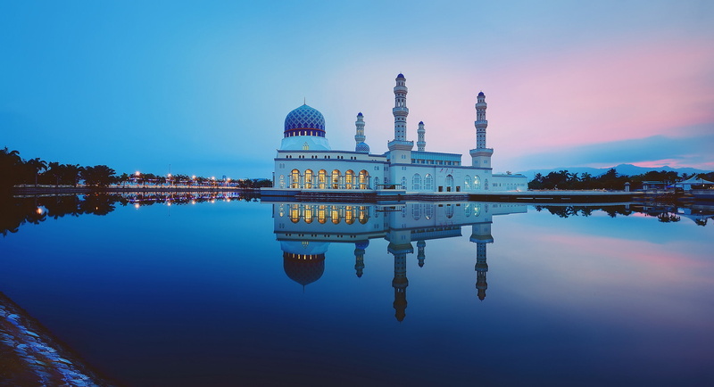 Kota Kinabalu city Mosque, reflection, Malaysia, Likas Bay, clouds, Sabah, sunset, mirror, 1080P, sand road, the Likas mosque, twilight