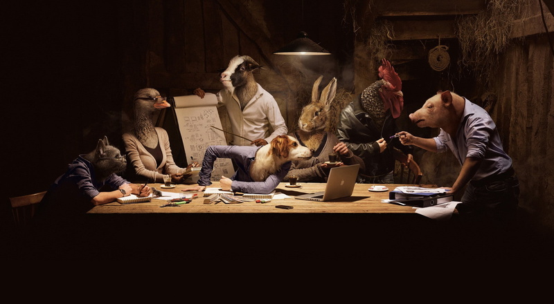adult, human representation, animals, medium group of people, goats, artwork, food and drink, occupation, indoors, cats, group, rabbits, creativity, laptop