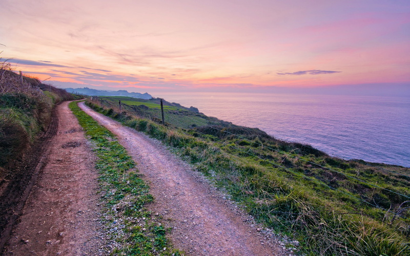 green, Coast, Sea, 1080P, Spain, Grass, Road, Sunset, Footpath, Evening, Scenery