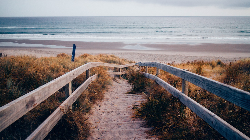 plant, railing, horizon over water, water, path, beauty in nature, 5K, nature, sea, stairs, sky, horizon, tranquil scene, no people, surrounded, sand