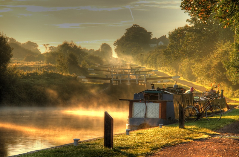 sunset, architecture, tranquil scene, narrow bot, lake, no people, morning, beauty in nature, plant, transportation, canal, 2K, caen hill, reflection