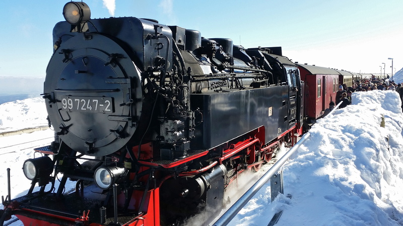 railroad track, sky, snowy, steam, schmalspurbahn harzer, brocken station, winter, rail transportation, cold temperature, locomotive, public transportation