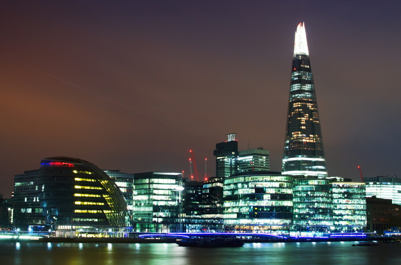 illuminated, no people, financial district, landscape, tower, building, office building exterior, night, water, waterfront, tower bridge road, rise, skyscraper