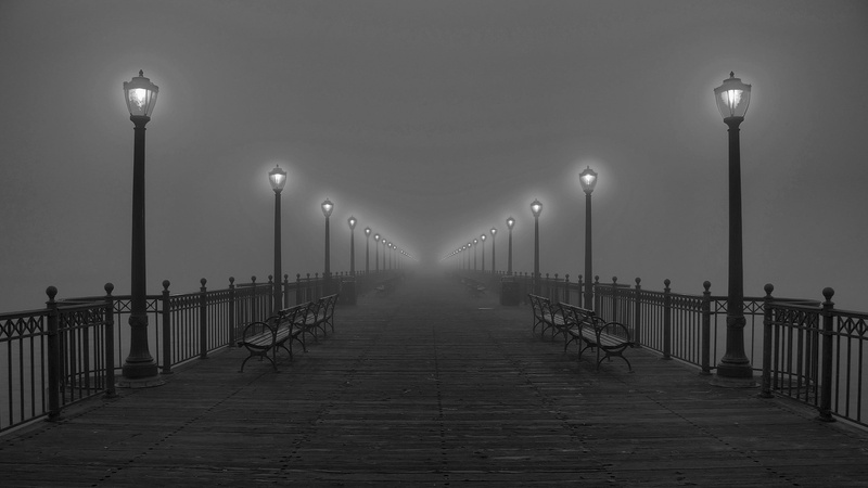 the way forward, footpath, no people, nature, 2K, mist, built structure, connection, bench, illuminated, electric lamp, night, diminishing perspective