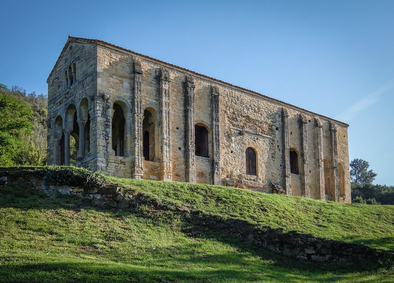 spanish, romance, historical, low angle view, grass, sky, plant, blue, building exterior, clear sky, travel, 2K, ancient, oviedo, nature, no people, religion