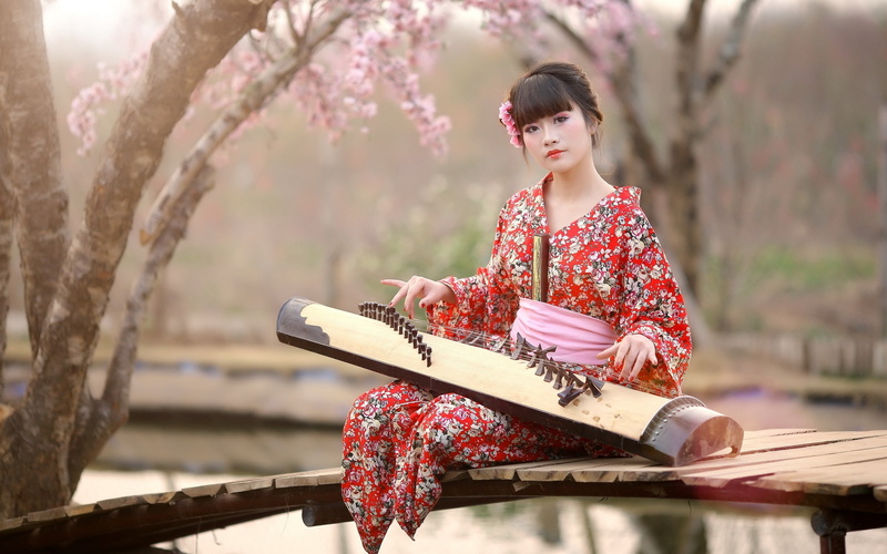 floral, Kimono, Japan, gray, traditional, Music, Girl, red, woman, s, dress, 2K