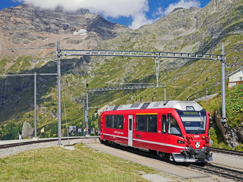 trainstation, beauty in nature, curve, red, track, no people, narrow gauge, bernina-express, train - vehicle, abe 8-12, alpine, gray, rail transportation