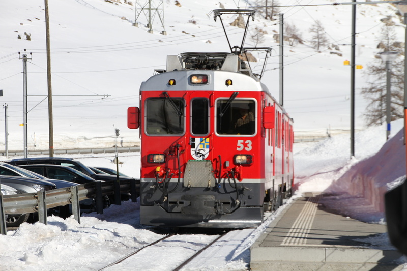 trainstation, day, meter track, no people, engadin, snowcapped mountain, bernina, narrow gauge, red, station, rail transportation, alpine, bernina pass