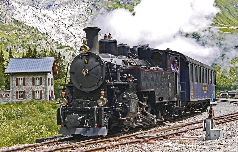 nostalgia, meter track, pass road, switzerland, historically, steam train, valais, locomotive 4, day, tree, museum train, dfb, furka, rock bed, rhone glacier