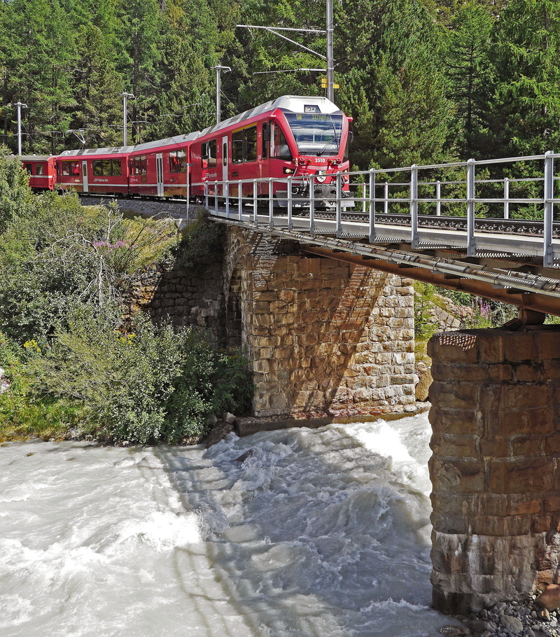 Bridge, regional train, alpine, southeast switzerland, Switzerland, bridge, all year round, bernina, ferrovia retica, connection, train, electric locomotive