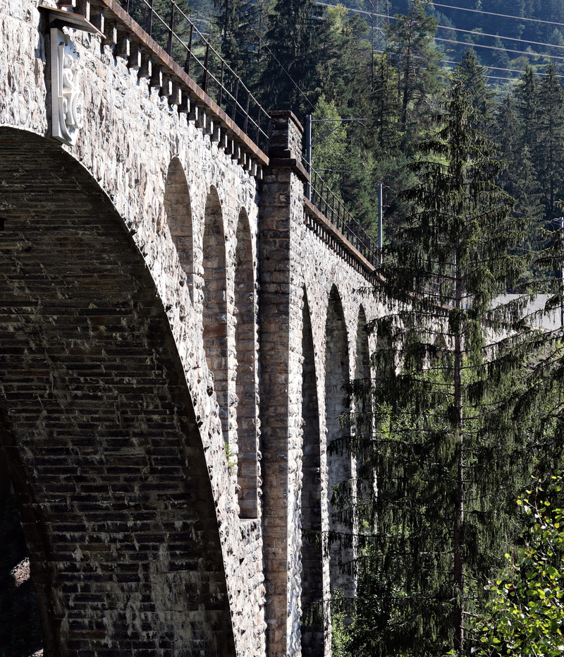 nature, brick wall, low angle view, railway, switzerland, built structure, outdoors, railway bridge, tourism, alpine, tree, travel, viaduct, bridge, architecture