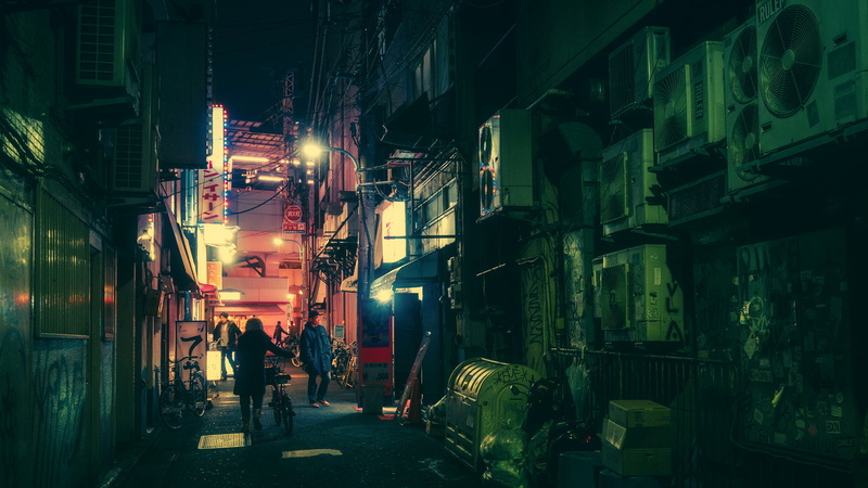 women, lighting equipment, men, illuminated, alley, group of people, city life, coat, building, neon, 1080P, built structure, architecture, direction