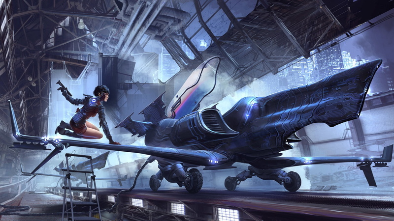 Fiction, Environments, 1080P, by Thomas Chamberlain - Keen, Science Fiction, Characters, The Xiphias, Jet, The plane, Figure, Sci-Fi, Art, Cyberpunk, Girl