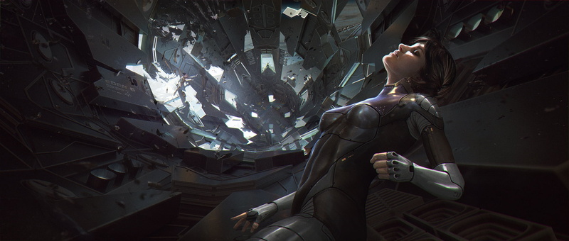 debris, leisure activity, standing, robot, three quarter length, space suit, depressurization, spaceship, sci-fi, fiction, wreck, women, haired, disaster
