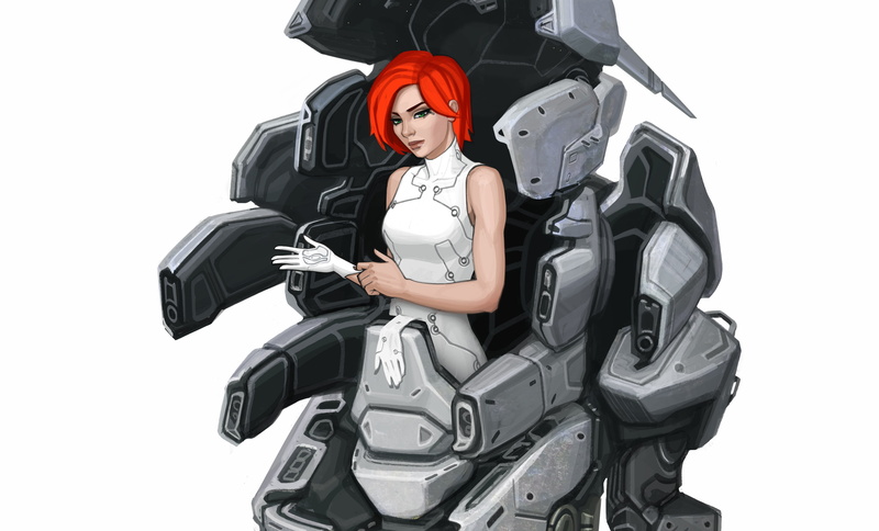4K, look, red hair, girl, robot, art, background, gloves, sci-fi, fiction