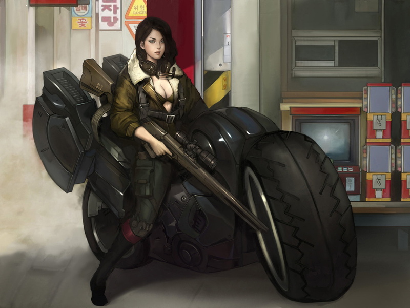 motorcycle, young women, looking at camera, full length, art, headphones, women, by Namgwon Lee, holding, rifle, one person, leather, portrait