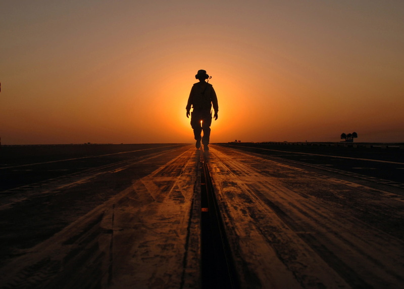 sport, sun, military, adults only, catapult, street, evening, outdoors, rear view, aircraft carrier, flight deck, solitary figure, sunset, lifestyles, man