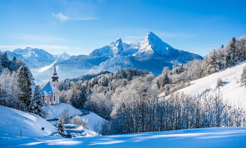 Winter landscape, Germany, Church, 5K, Bavarian Alps, 8K