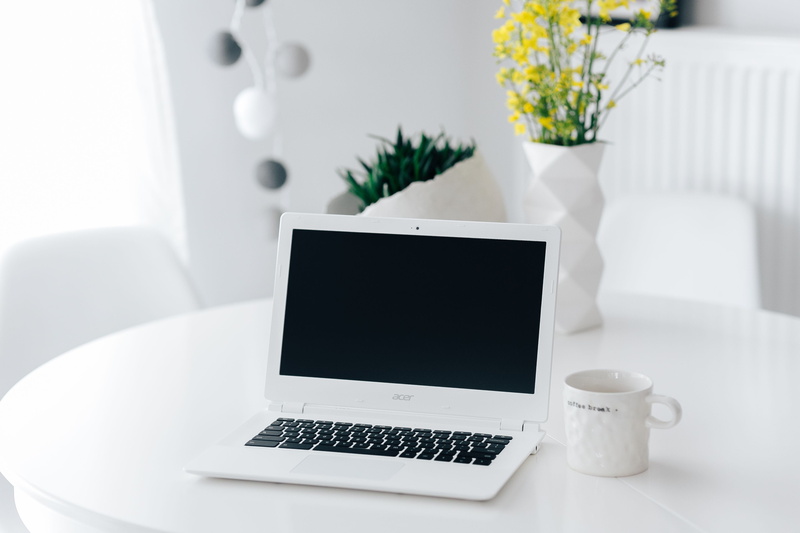 technology, home office, coffee cup, no people, coffee - drink, interior, table, white color, crockery, minimalist, flowering plant, flower arrangement