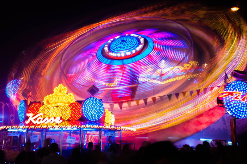 multicolored, carnival, spinning, illuminated, carousel, fair, lighting Equipment, lights, fun, multi colored, night, amusement park, red, long exposure