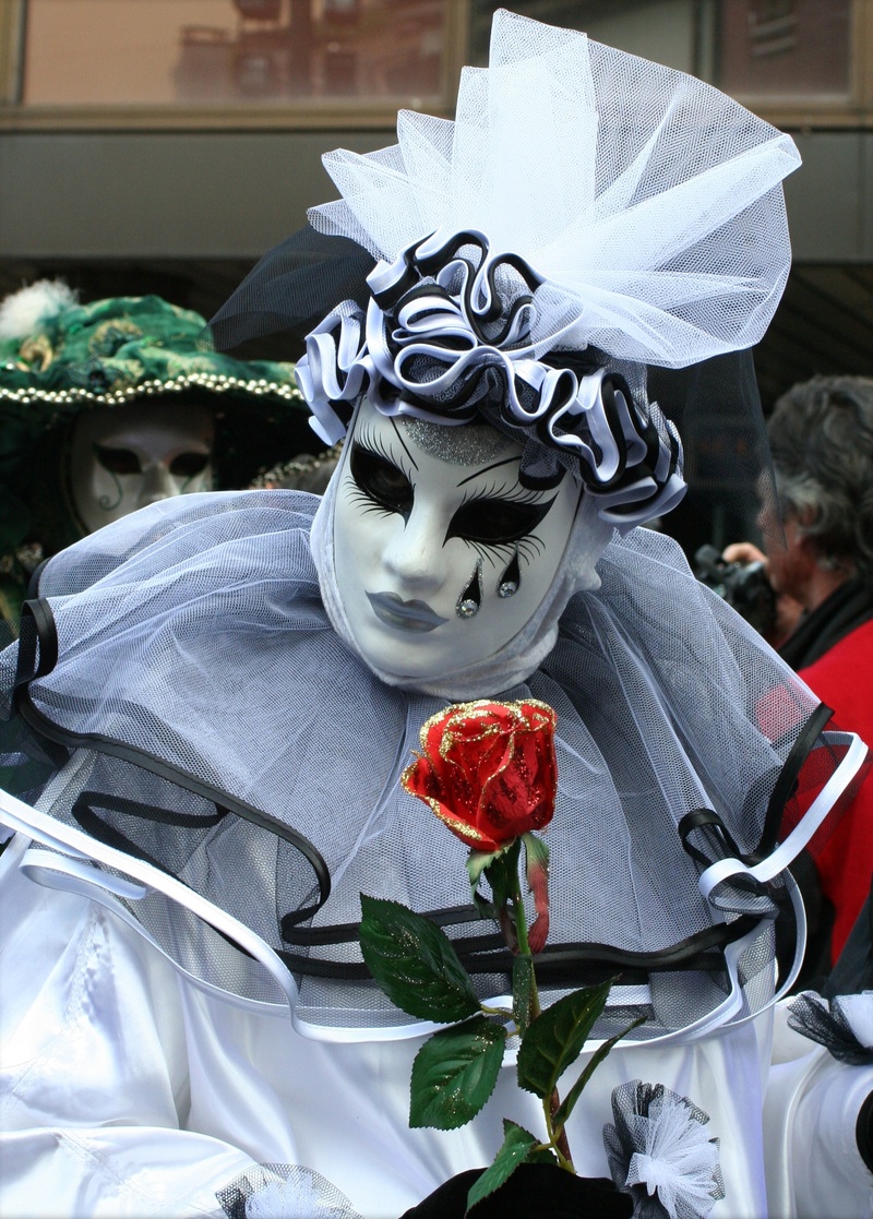 costume, pretty, carnival, black and white, carnival - celebration event, beauty, water, nature, focus on foreground, white color, plant, church, spring