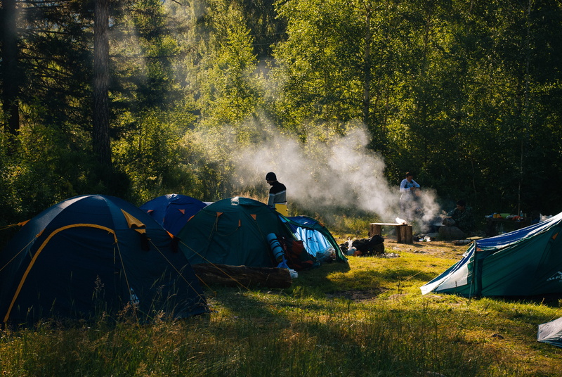 grass, day, field, surrounded, mode of transportation, campsite, sunlight, forest, people, trees, person, blue, men, 4K, near, green, fire, nature, adventure