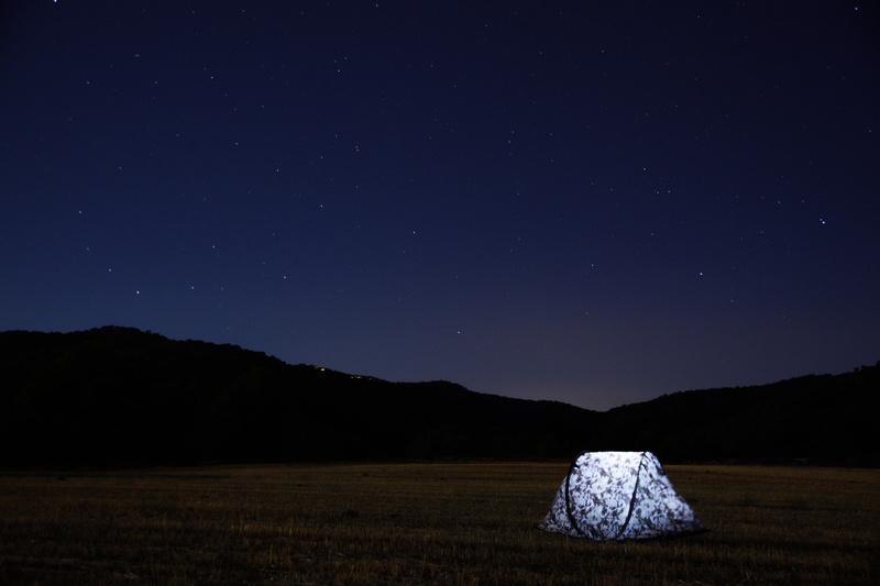 camping, landscape, beauty in nature, sky, camp, space, blue, travel, illuminated, field, dome, forest, land, nature, nighttime, 5K, night, scenics - nature