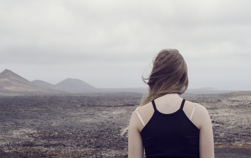 adult, girl, leisure activity, lifestyles, day, hairstyle, timanfaya national park, rear view, spain, one person, long hair, tranquil scene, women, view